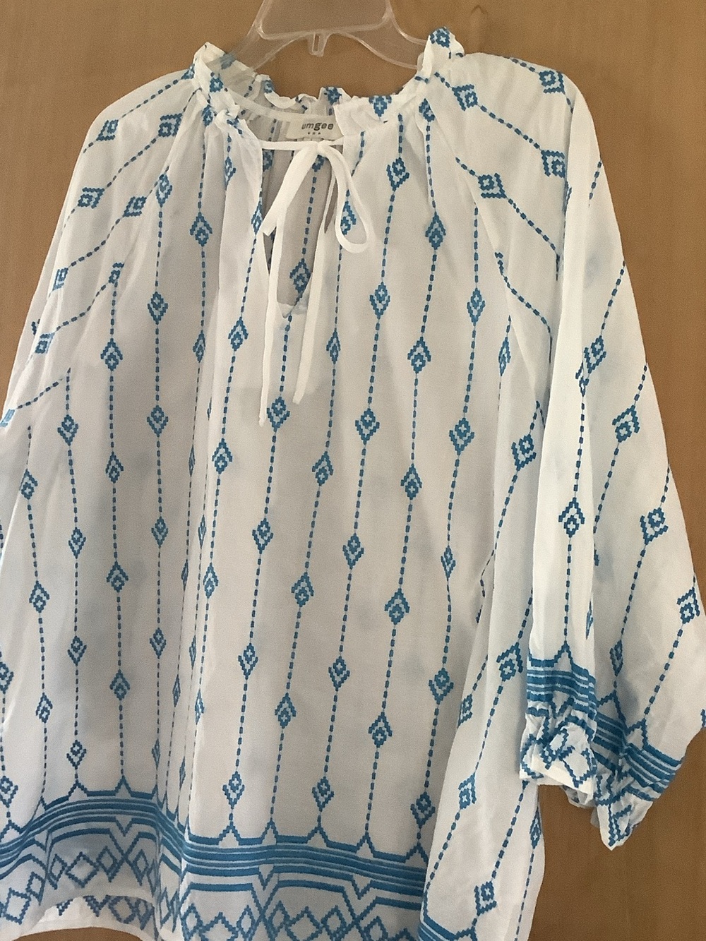 Umgee White Peasant Top with Blue Geometric Print